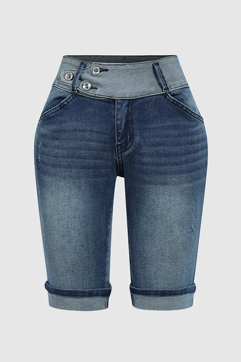 Two Tone Button Detail Ripped Roll Hem Mid Rise Denim Bermuda Shorts
