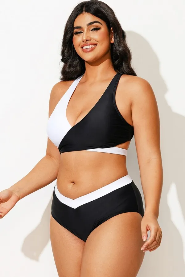 Plus Size Black And White Adjustable Tie-Back Bikini Top