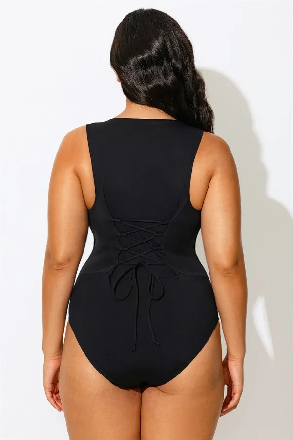 Black Sleeveless Zip Up Sculpting One Piece Swimsuit