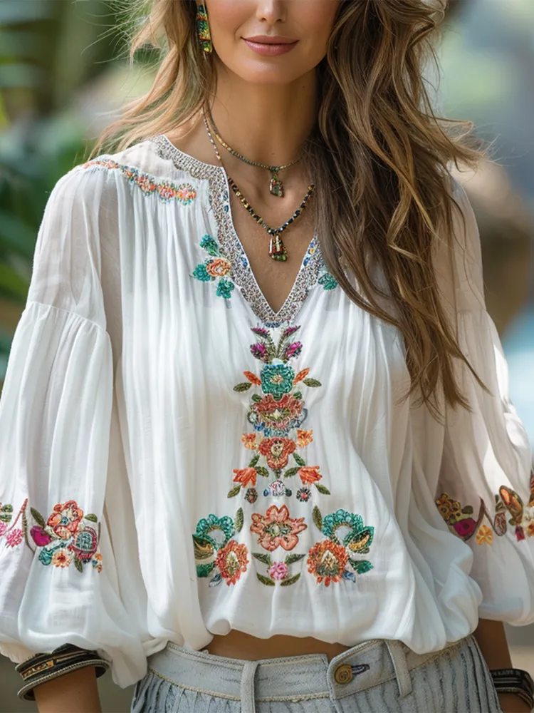 Women's Vintage Linen Bohemian Print Shirt
