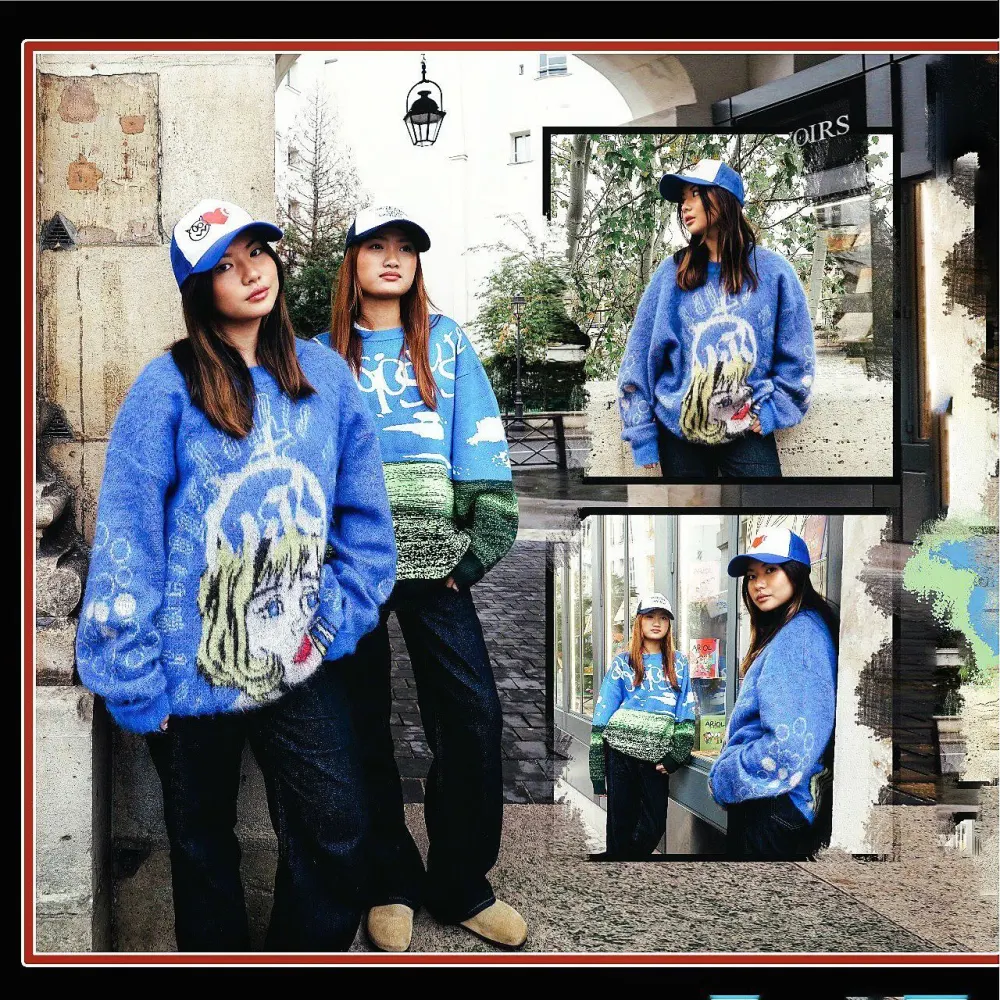 Navy Sweater Renaissance Street Wear Fashion Printing Seasonal Trend Special Design