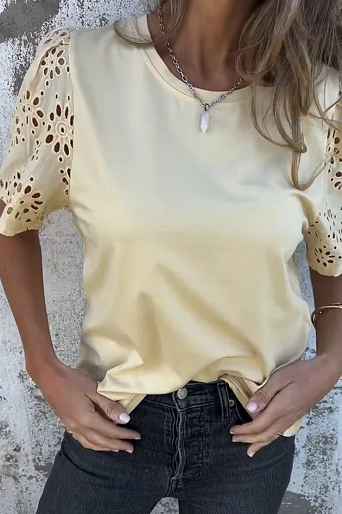 Women's solid color spliced hollow T-shirt