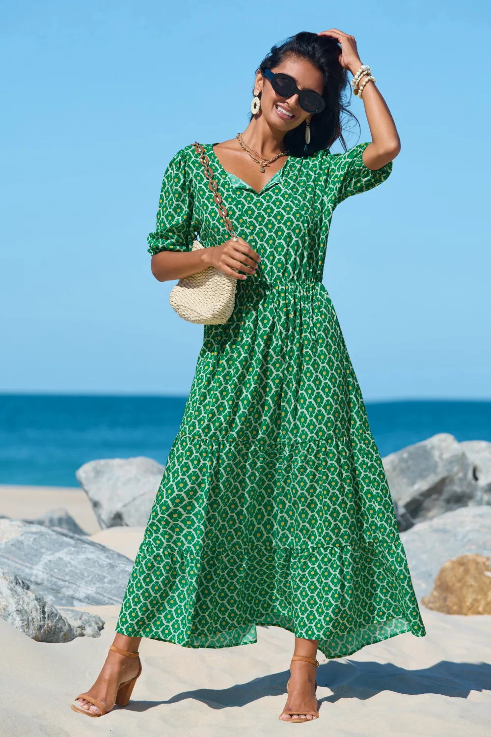Boho Floral Notched Neck Puff Sleeve Midi Dress