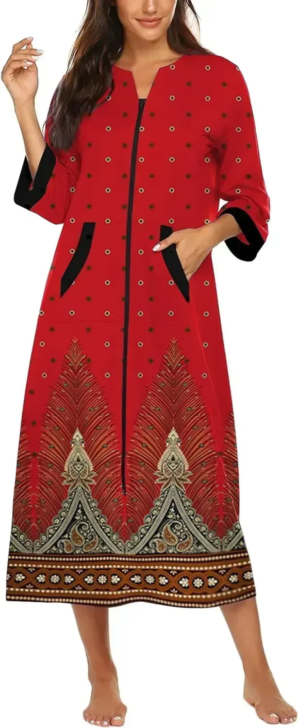 Women Zipper Robe 3/4 Sleeves Loungewear Dress Full Length Sleepwear Pockets Housecoat Nightgown Long Bathrobe