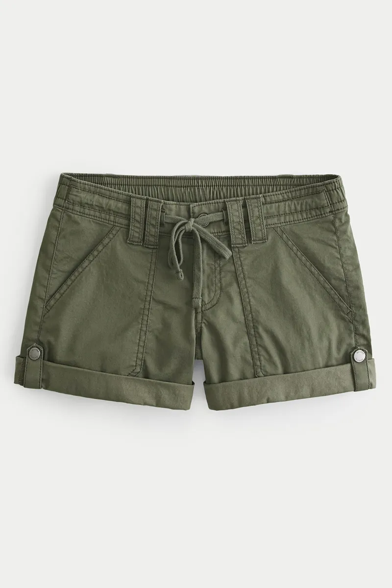 Solid Drawstring Roll Tab Hem Mid Waist Shorts
