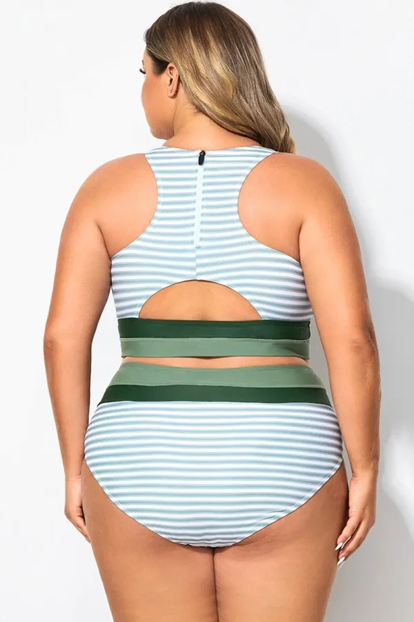 Plus Size Round Neck Black Patchwork Bikini Top