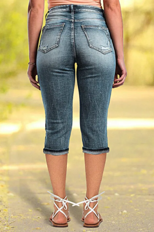 Ripped Wash Roll Hem High Waist Capri Jeans
