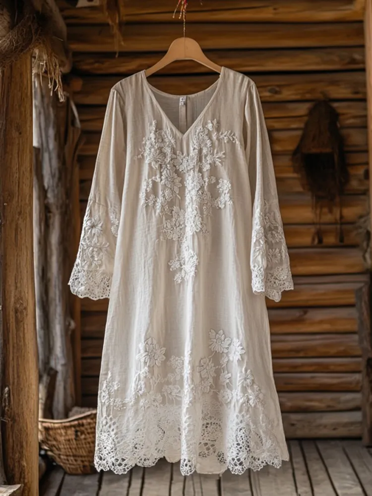 Floral Embroidery Lace Art Linen Blend Maxi Dress