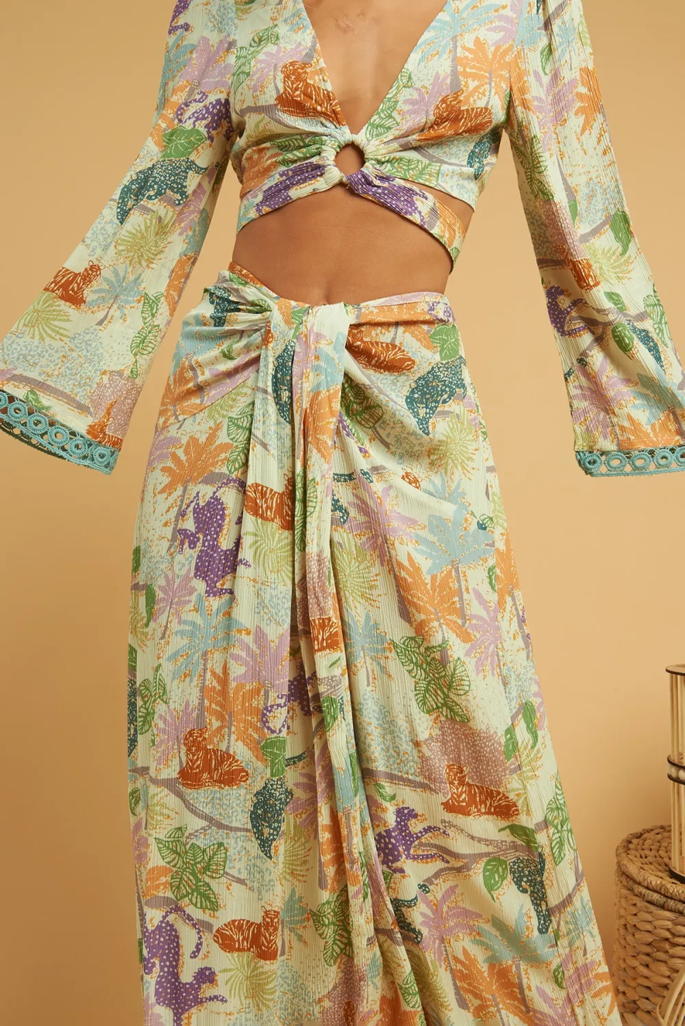 Multicolor Tropical Print Wrap Maxi Skirt