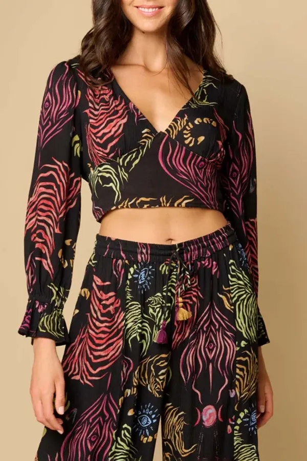 Black Tropical Print Crop Top