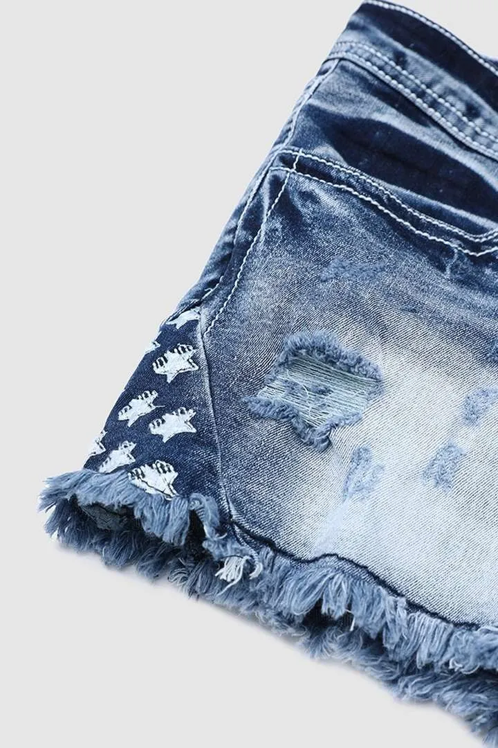 Star & Striped Embroidered Ripped Raw Hem Denim Shorts