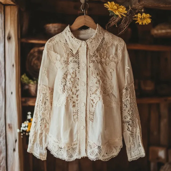 Women's Retro Lace Embroidery Art Lapel Shirt