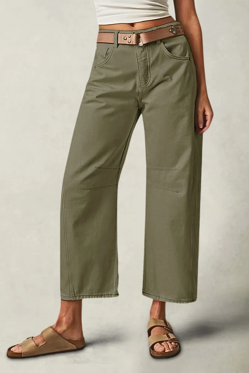 Solid Stitch Detail Mid Waist Crop Straight Leg Jeans Without Belt