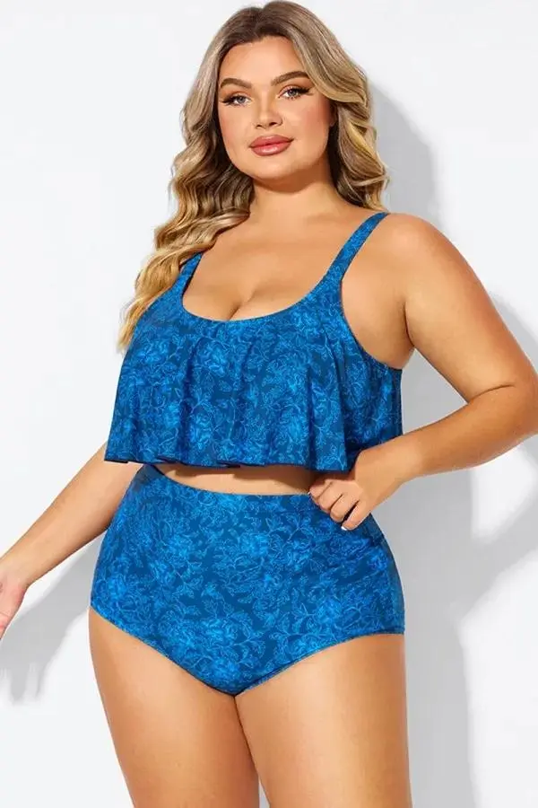 Navy Blue Floral Print Hem Bikini Top