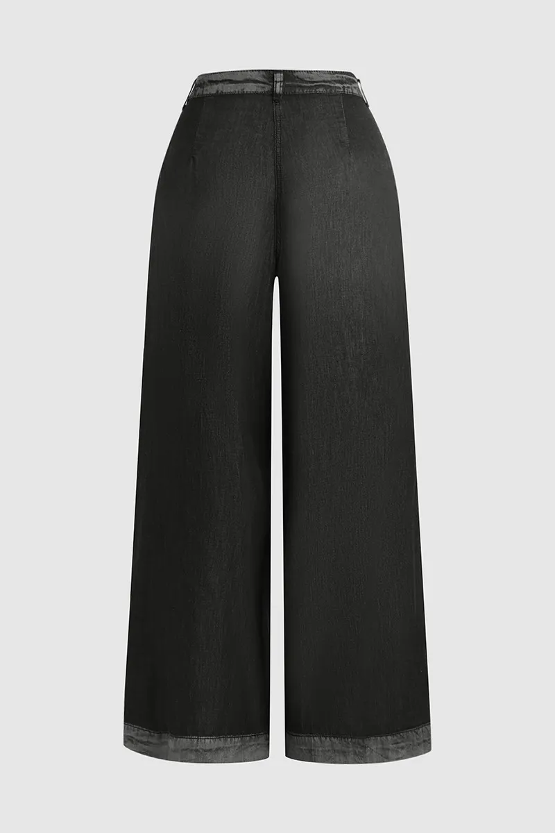 Wash Pleated Detail Wide Leg Mid Rise Jeans