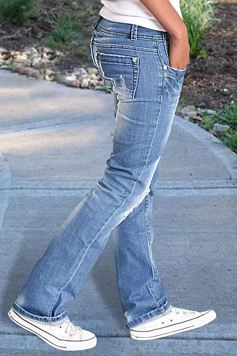Ripped Roll Hem Double Button Low Waist Straight Leg Jeans
