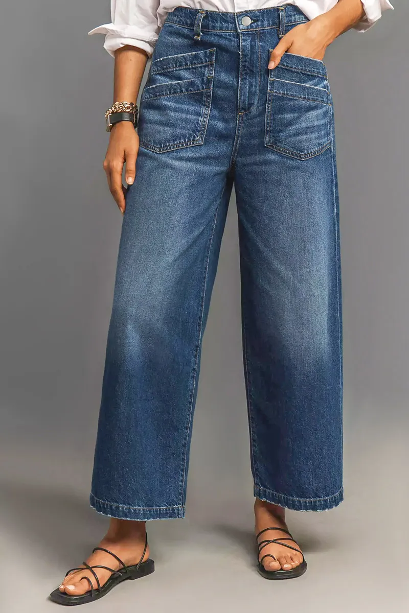 Wash Stitch Detail Raw Hem Wide Leg Mid Rise Jeans