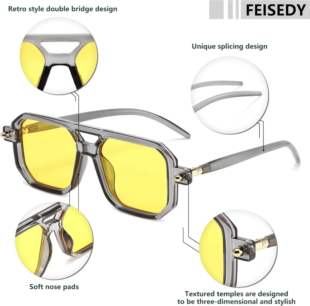 FEISEDY Vintage Square 70s Flat Aviator Sunglasses Women Men Classic Retro Stylish Frame UV400 Sunglasses B2622