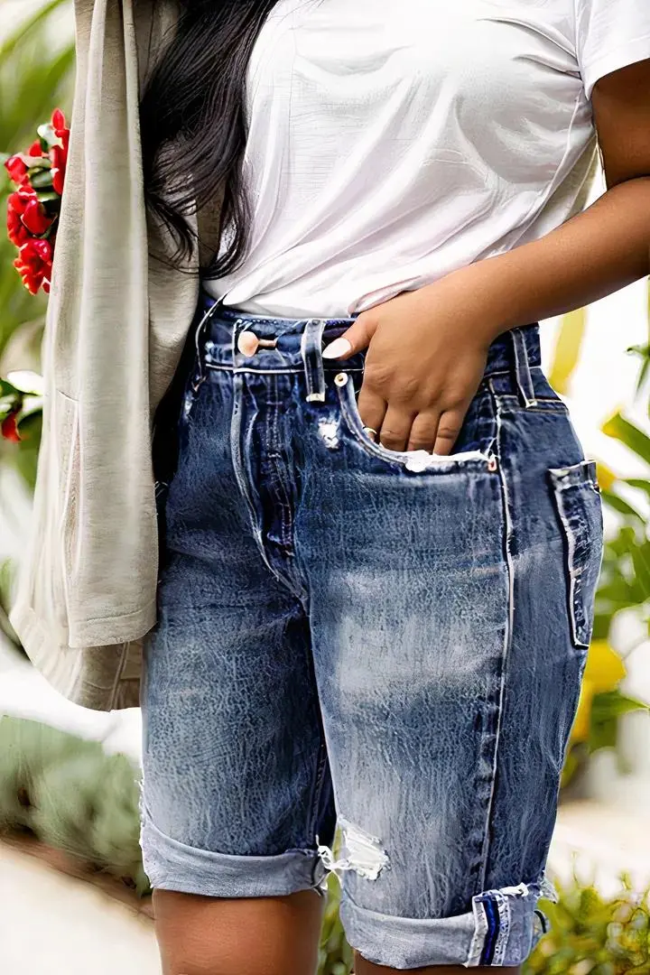 Ripped Roll Hem Mid Rise Denim Bermuda Shorts