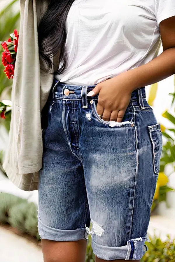 Ripped Roll Hem Mid Rise Denim Bermuda Shorts