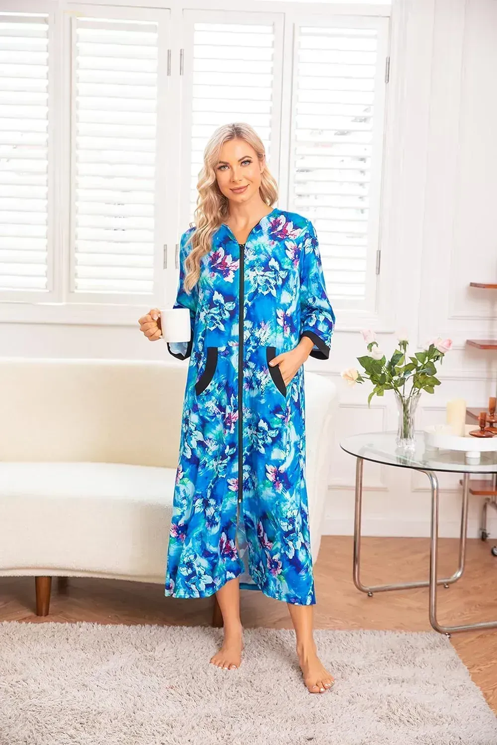 Women Zipper Robe 3/4 Sleeves Loungewear Dress Full Length Sleepwear Pockets Housecoat Nightgown Long Bathrobe