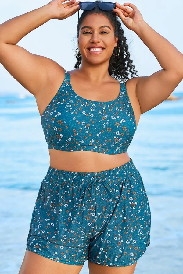 Plus Size Round Neck Black Patchwork Bikini Top