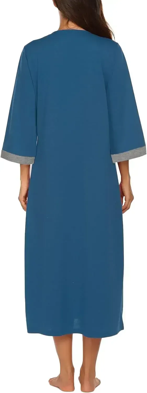 Women Zipper Robe 3/4 Sleeves Loungewear Dress Full Length Sleepwear Pockets Housecoat Nightgown Long Bathrobe