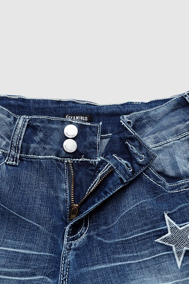 Star & Moon Pattern Double Button Mid Rise Flare Jeans