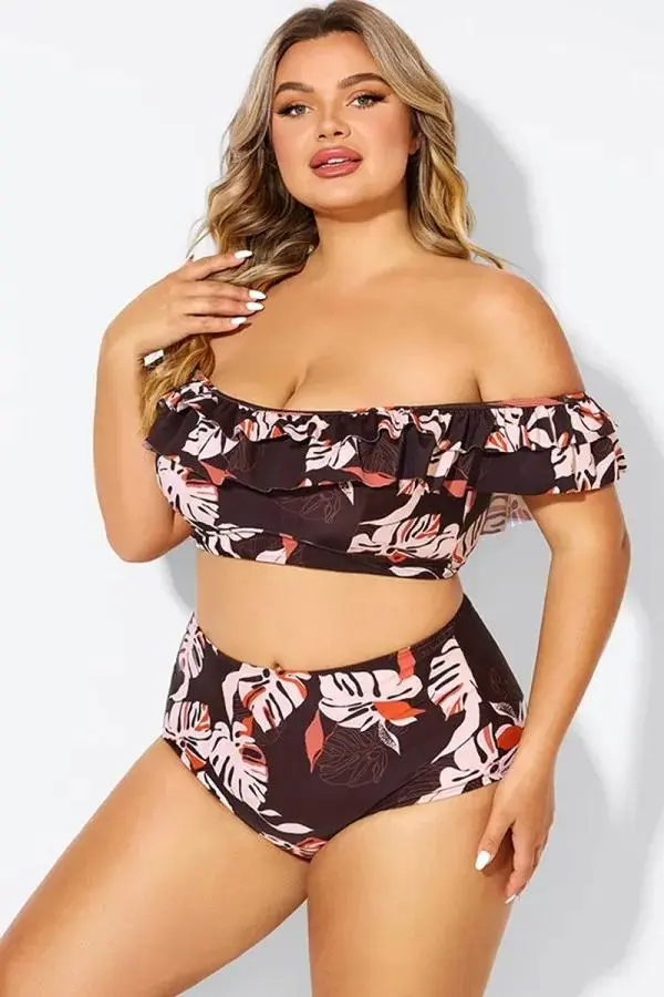 Flower Print Ruffle Women Bikini Top