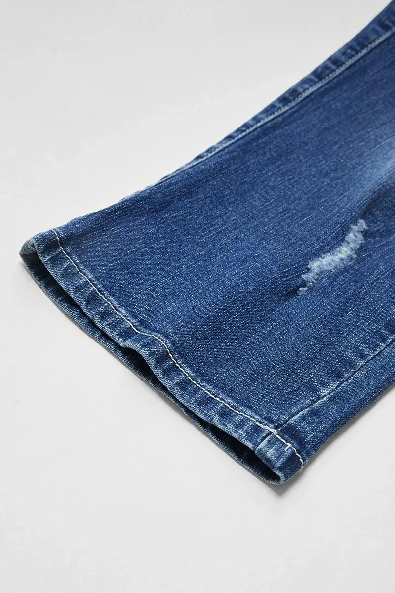 Button Fly Ripped Wash Stretchy High Waist Capri Jeans