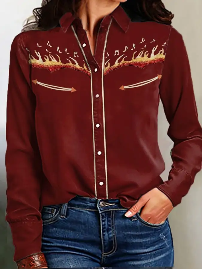 Women's Vintage Western Print Long Sleeve Shirt
