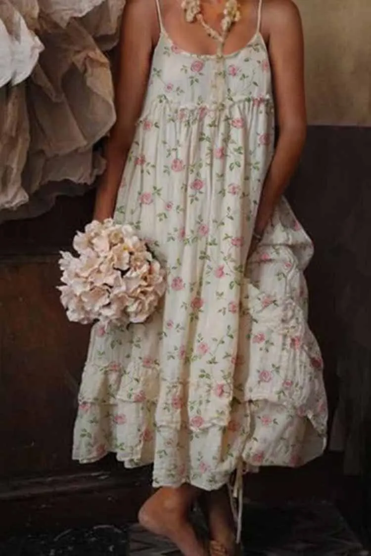 Vintage Floral Printed Sleeveless Loose Maxi Dress