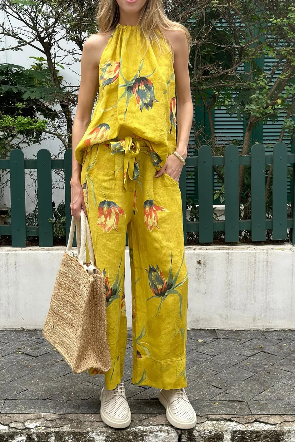 Women'S Printed Cotton And Linen Halter Neck Top And Pants Two-Piece Set