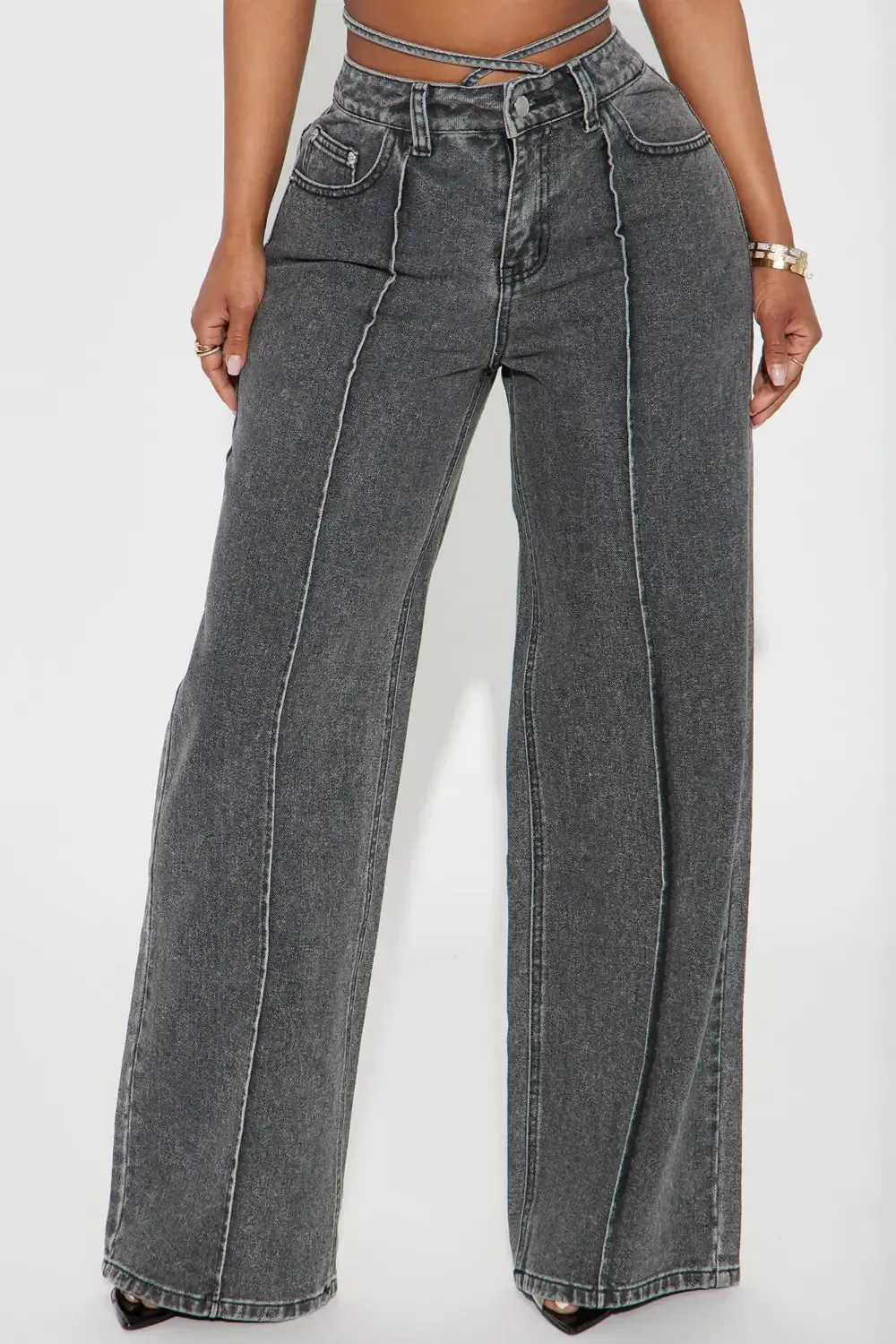 Cross Your Mind Non Stretch Wide Leg Jeans - Grey