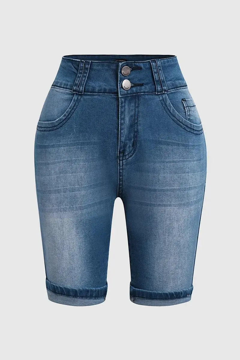 Double Button Roll Hem High Waist Denim Mid Thigh Shorts