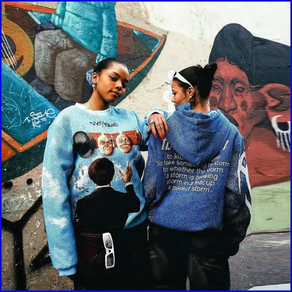Blue Sweater Renaissance Street Wear Fashion Printing Seasonal Trend Special Design