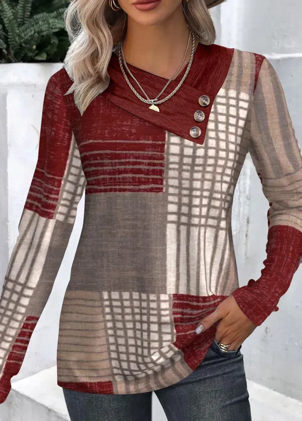 Wine Red Button Geometric Print Long Sleeve T Shirt