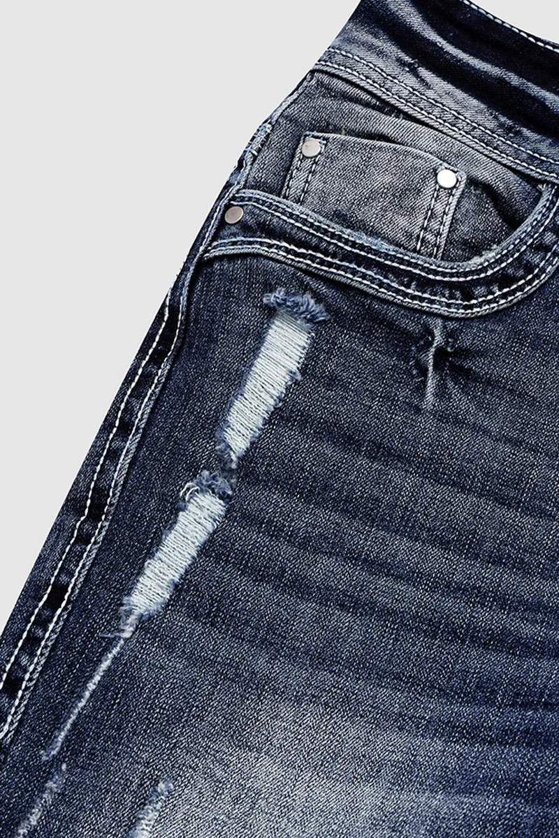 Double Button Ripped Roll Hem Mid Rise Denim Bermuda Shorts