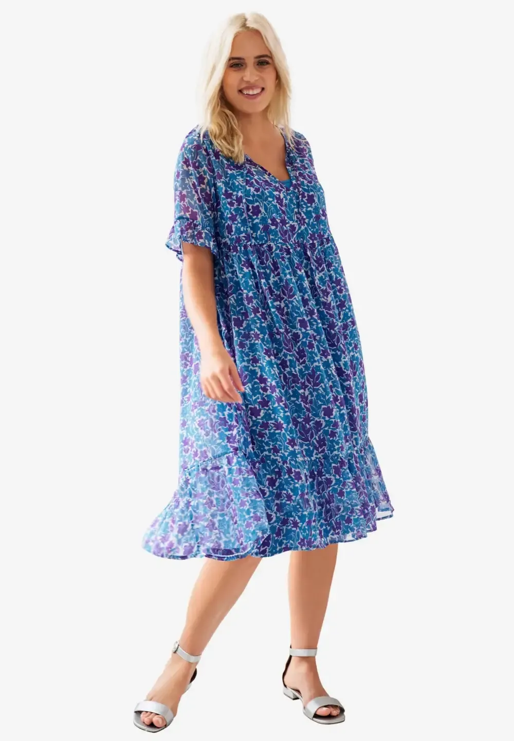 Sheer Ruffle Trim Dress With Keyhole Neckline