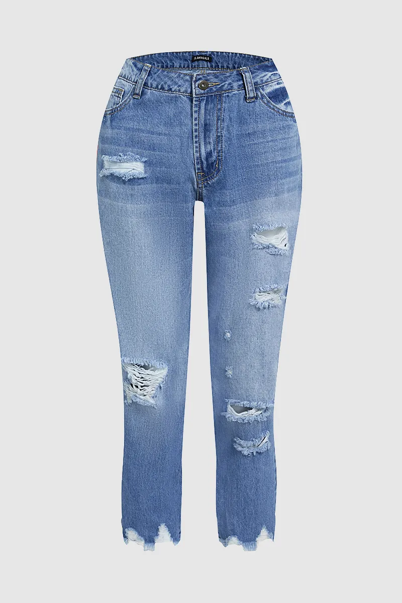 Wash Ripped Raw Hem Mid Rise Crop Jeans