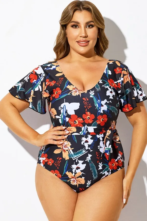 Floral Printed One Piece Swimsuit with Sleeves