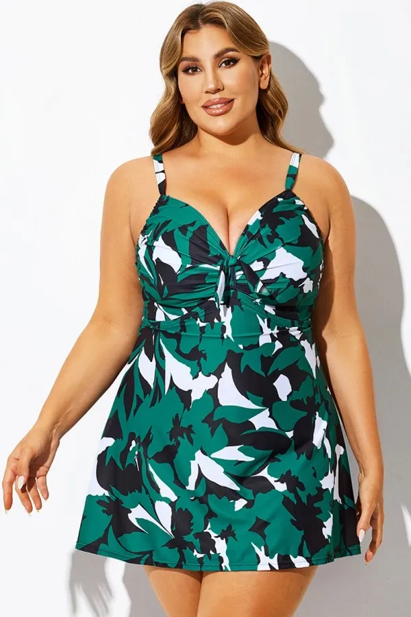 Random Print Stylish Tie Front Underwire Swimdress