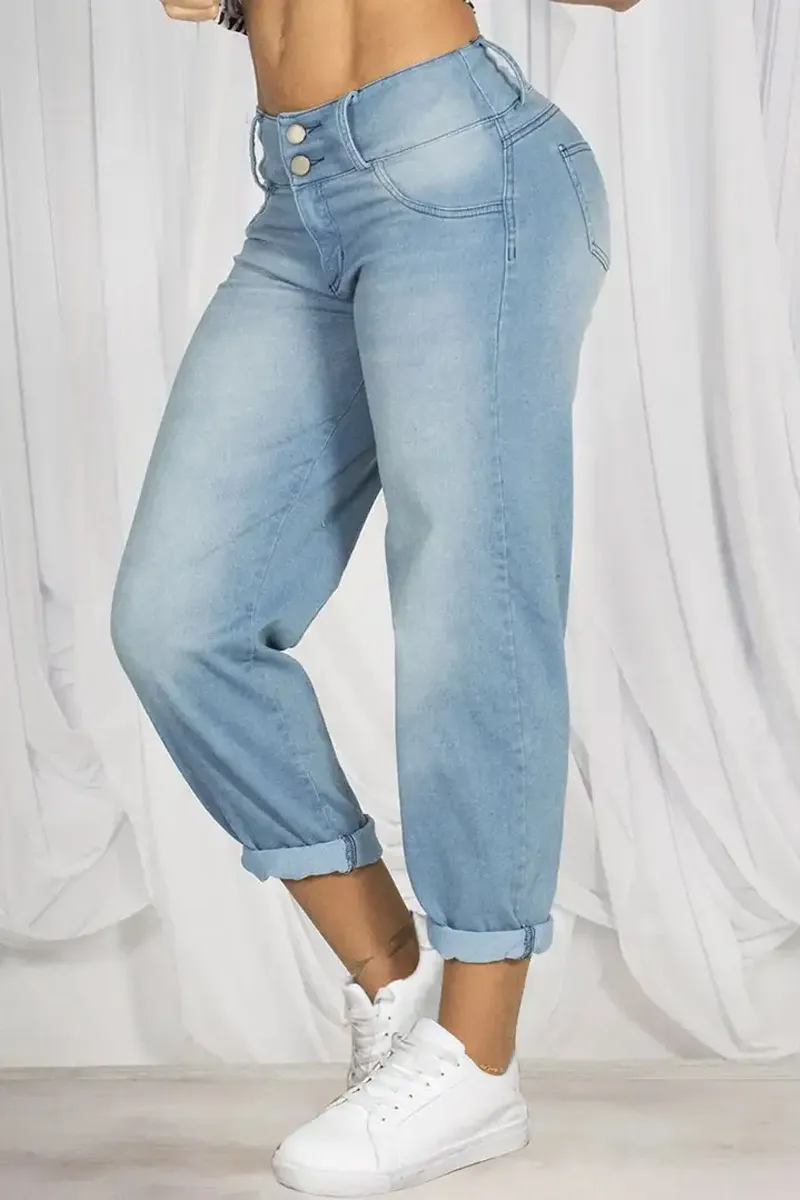 Double Button Roll Hem Low Waist Jeans