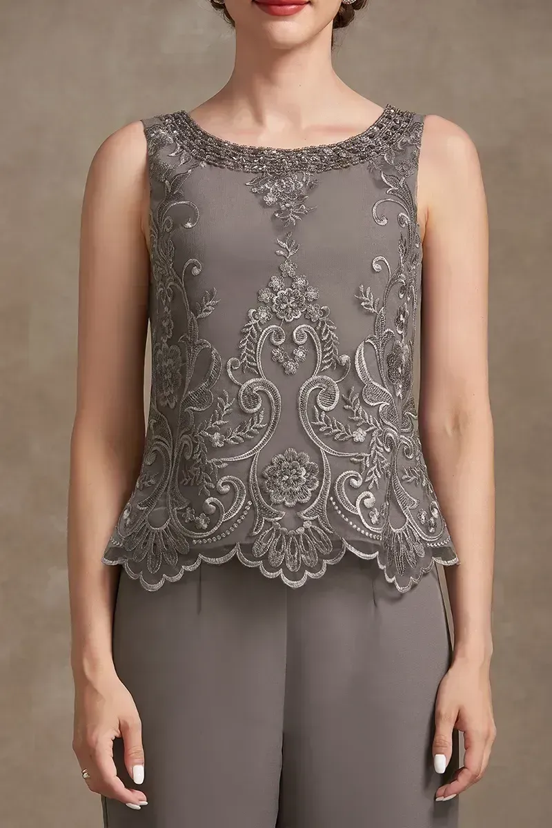 Plus Size Embroidery Chiffon Three Pieces Set Pant Suits