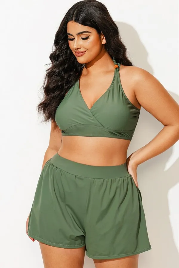 Plus Size Green V-Neck Crossback Bikini Top