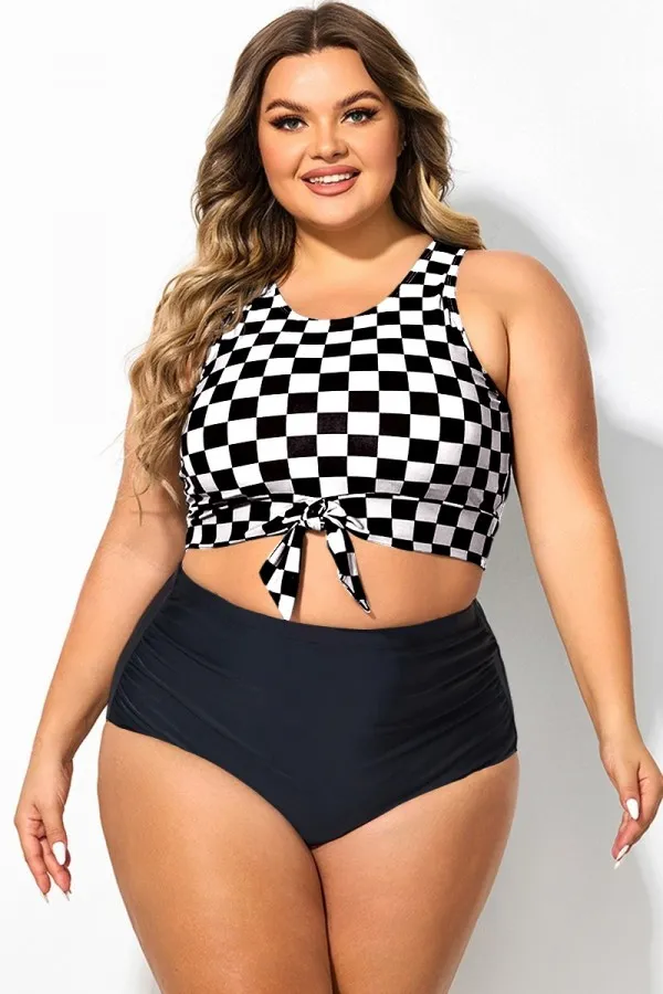 Plus Size Green Stripe Knotted Crop Bikini Top