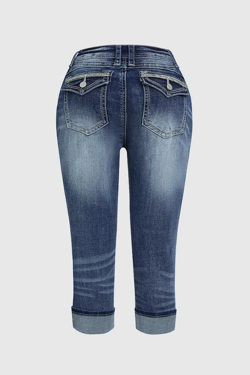 Wash High Stretch Roll Hem Mid Rise Skinny Jeans