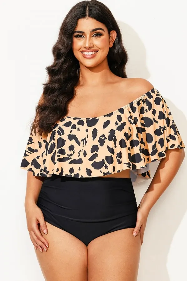 Leopard Print Ruffle Off Shoulder Bikini Top