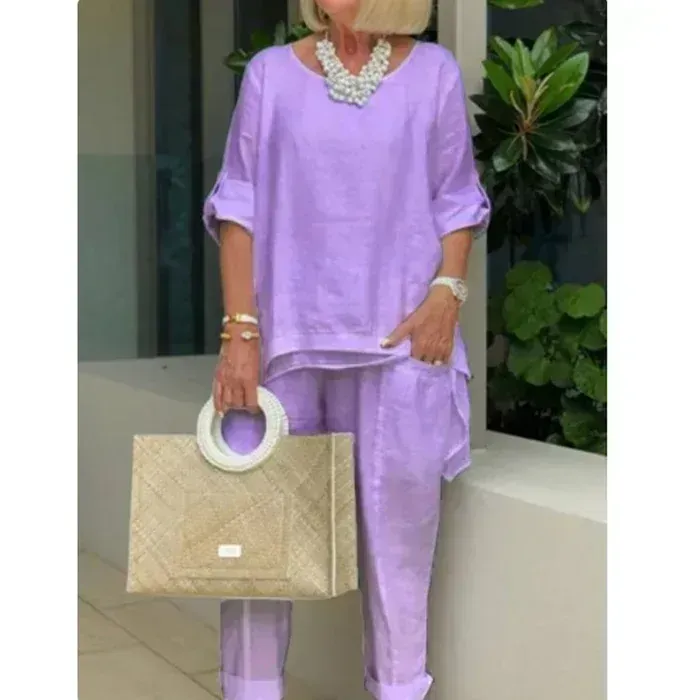 Women's Casual Solid Linen Sleeve Top Slacks Suit