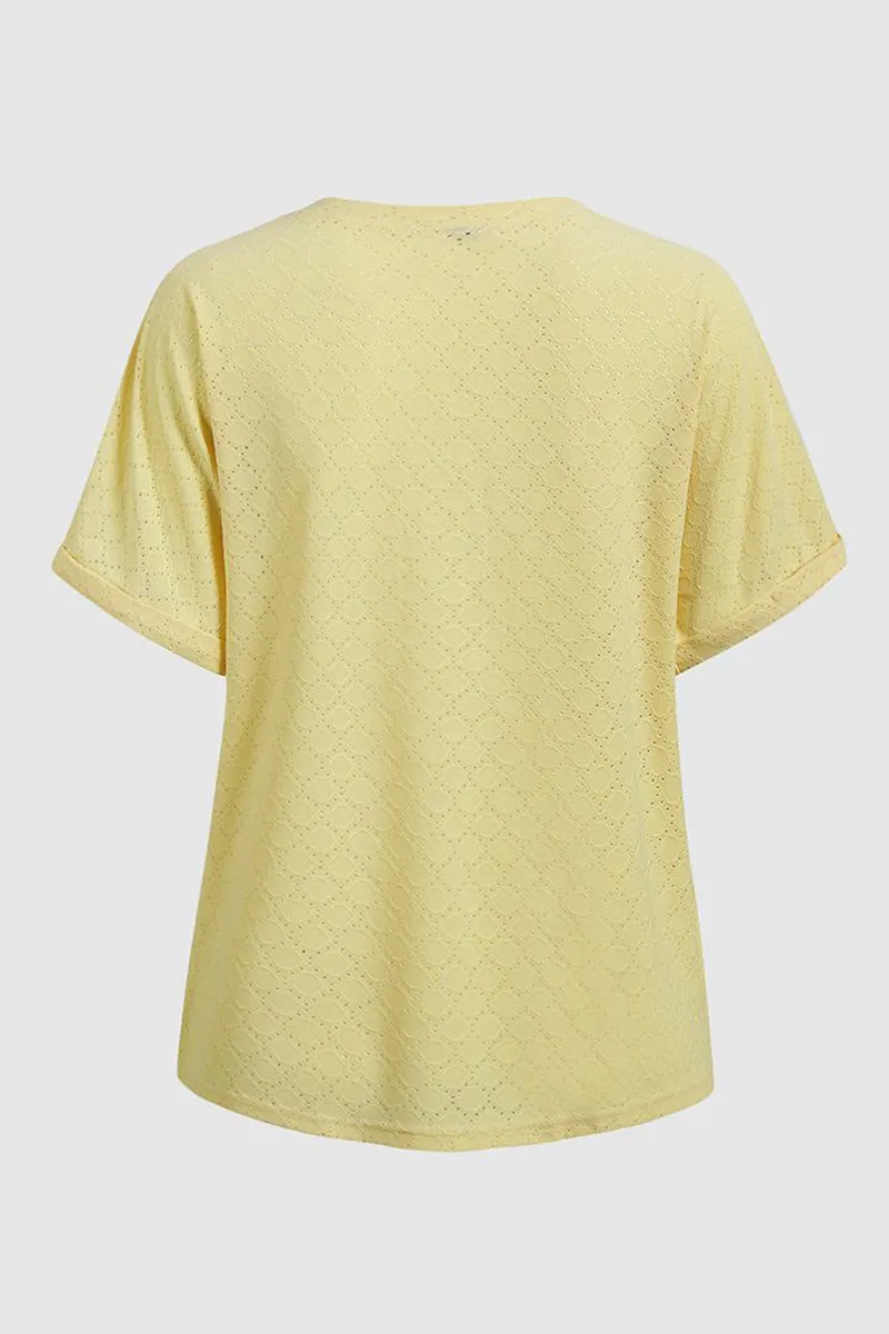 Solid Hollow Out Button Decor V Neck T-Shirt